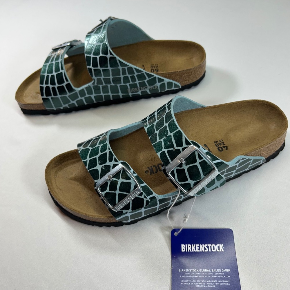 Birkenstock Arizona Green Metallic Crocodile Embossed Sandals Women 40 L9 M7 NEW - Picture 4 of 6